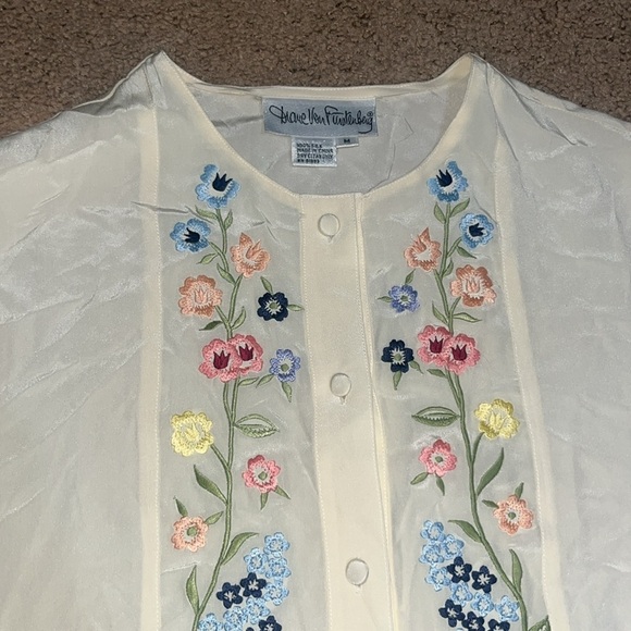 Diane Von Furstenberg Vintage Silk Embroidered Floral Blouse Button Front Medium - Picture 3 of 8